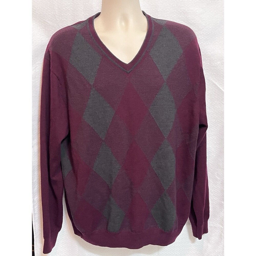 Greg Norman Italian Merino Wool Argyle VNeck Sweater Mens XXL Maroon Gray Preppy